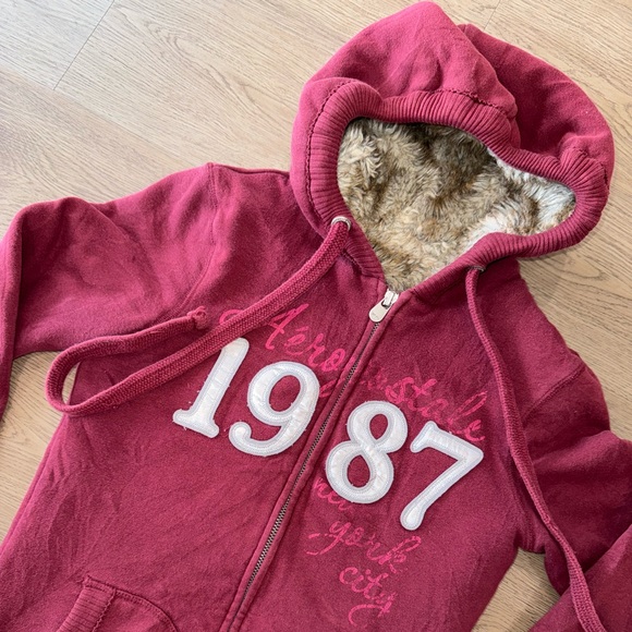 Aeropostale Y2K Vintage Burgundy Zip Up Hoodie Jacket Faux Fur Lining Size Small - Picture 3 of 15